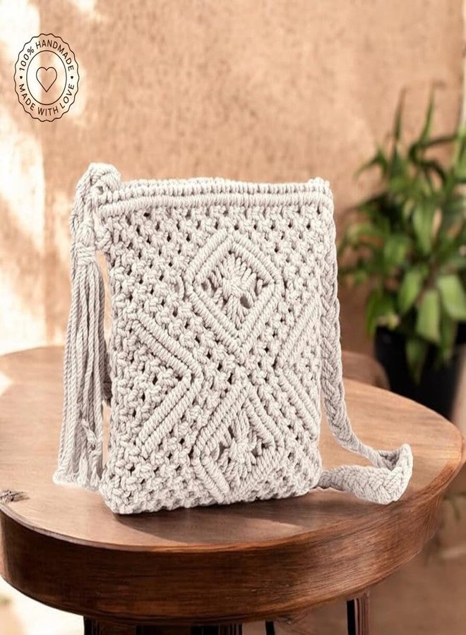 tms Handmade Macrame Sling Bag Crossbody (10x9 inch) - Off-White, Zipper Closure, Boho Chic, Stylish, Durable, Adjustable Strap, 1 pcs - Image 2